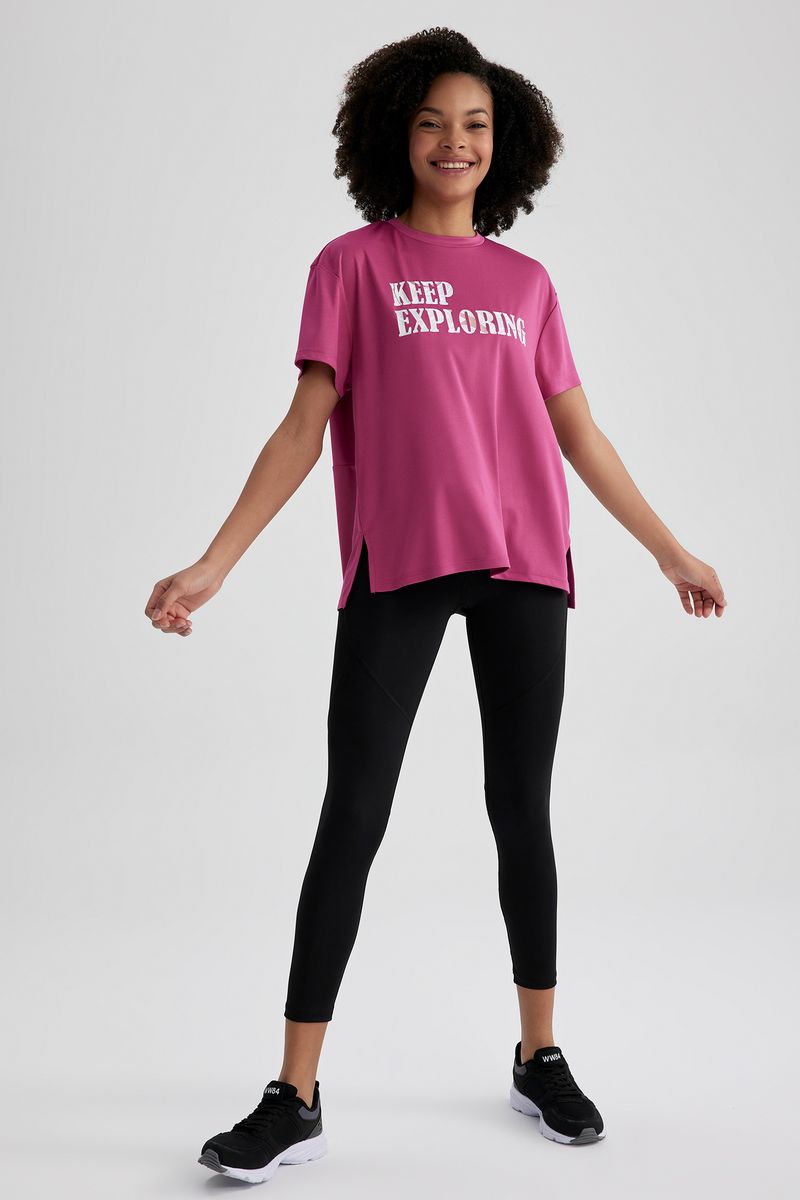 Woman Loose Fit Crew Neck Knitted Short Sleeve T-Shirt - Pink