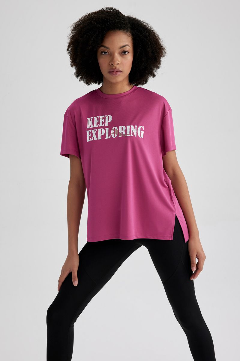 Woman Loose Fit Crew Neck Knitted Short Sleeve T-Shirt - Pink