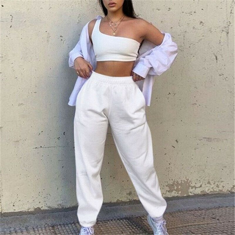 Autumn Winter Fleece Joggers Sweatpants Women High Waist Solid Loose Baggy Hip Hop Casual Fashion Sport Pants Streetwear(#Black)