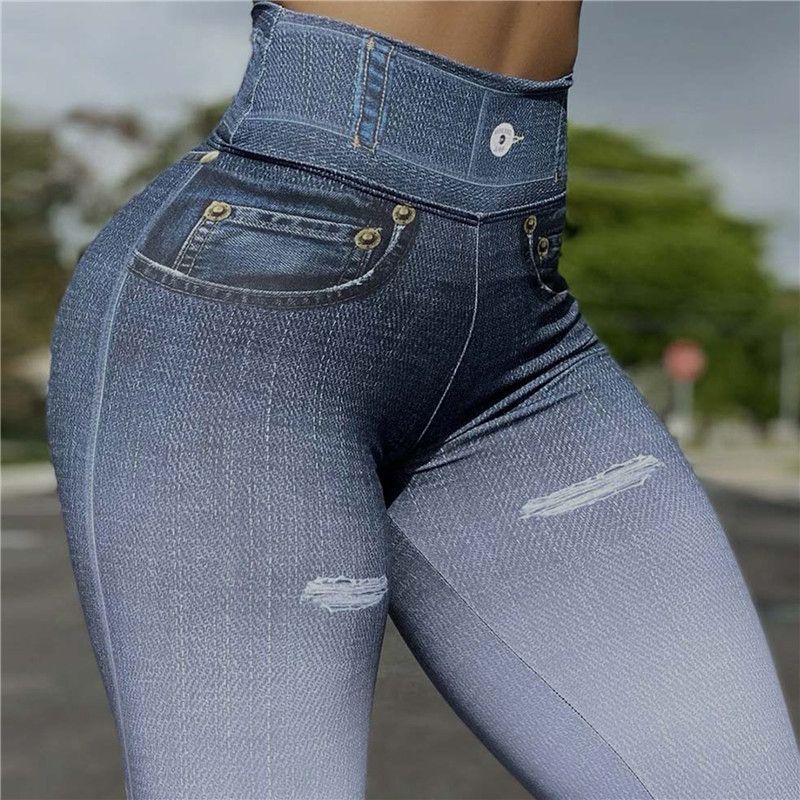 Women Print Denim Yoga Pant Sport Casual Jeans Leggings Girl Plus Size Elastic Slim Pants High Waist Tights Fitness Gym Clothing(#1603 Denim)