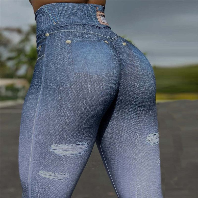 Women Print Denim Yoga Pant Sport Casual Jeans Leggings Girl Plus Size Elastic Slim Pants High Waist Tights Fitness Gym Clothing(#1603 Denim)