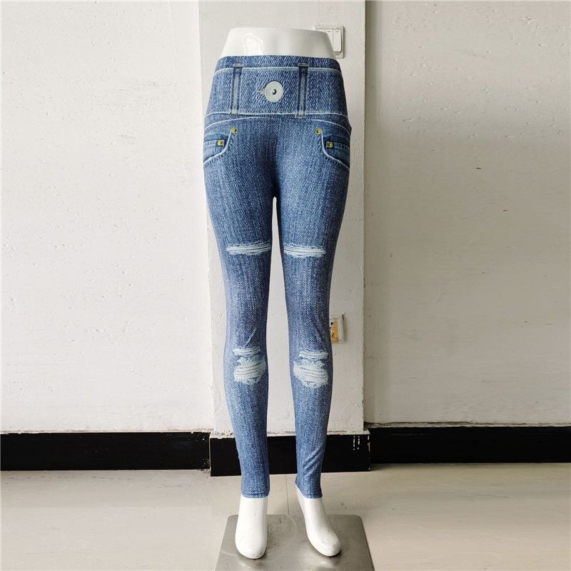 Women Print Denim Yoga Pant Sport Casual Jeans Leggings Girl Plus Size Elastic Slim Pants High Waist Tights Fitness Gym Clothing(#1603 Denim)