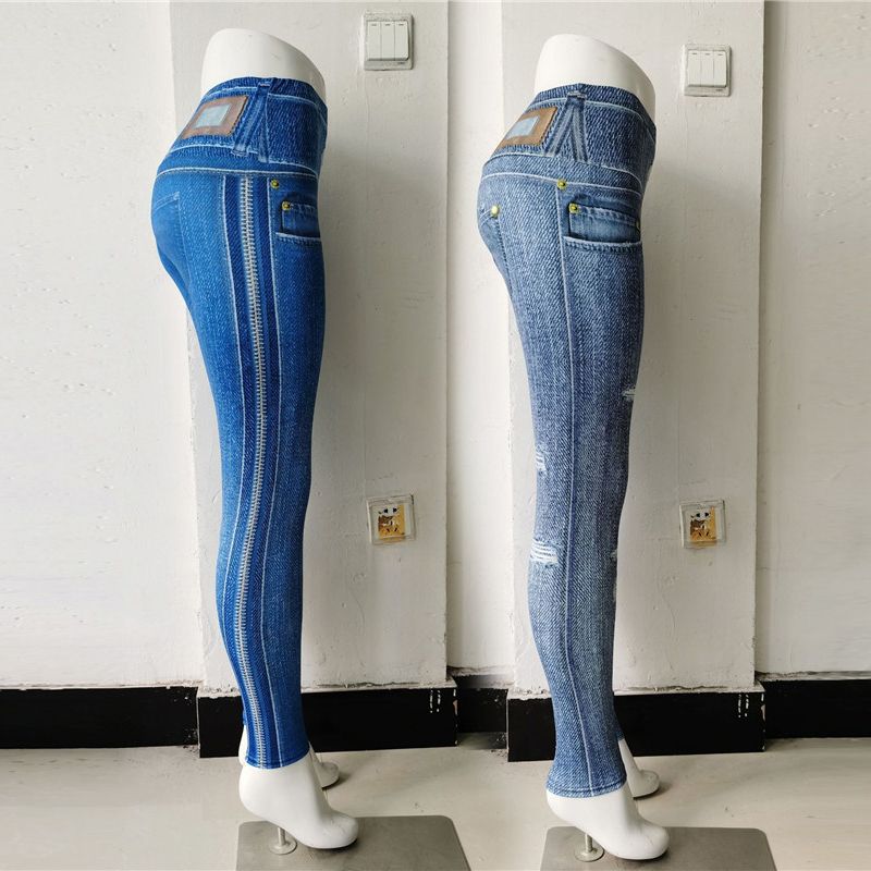 Women Print Denim Yoga Pant Sport Casual Jeans Leggings Girl Plus Size Elastic Slim Pants High Waist Tights Fitness Gym Clothing(#1603 Denim)