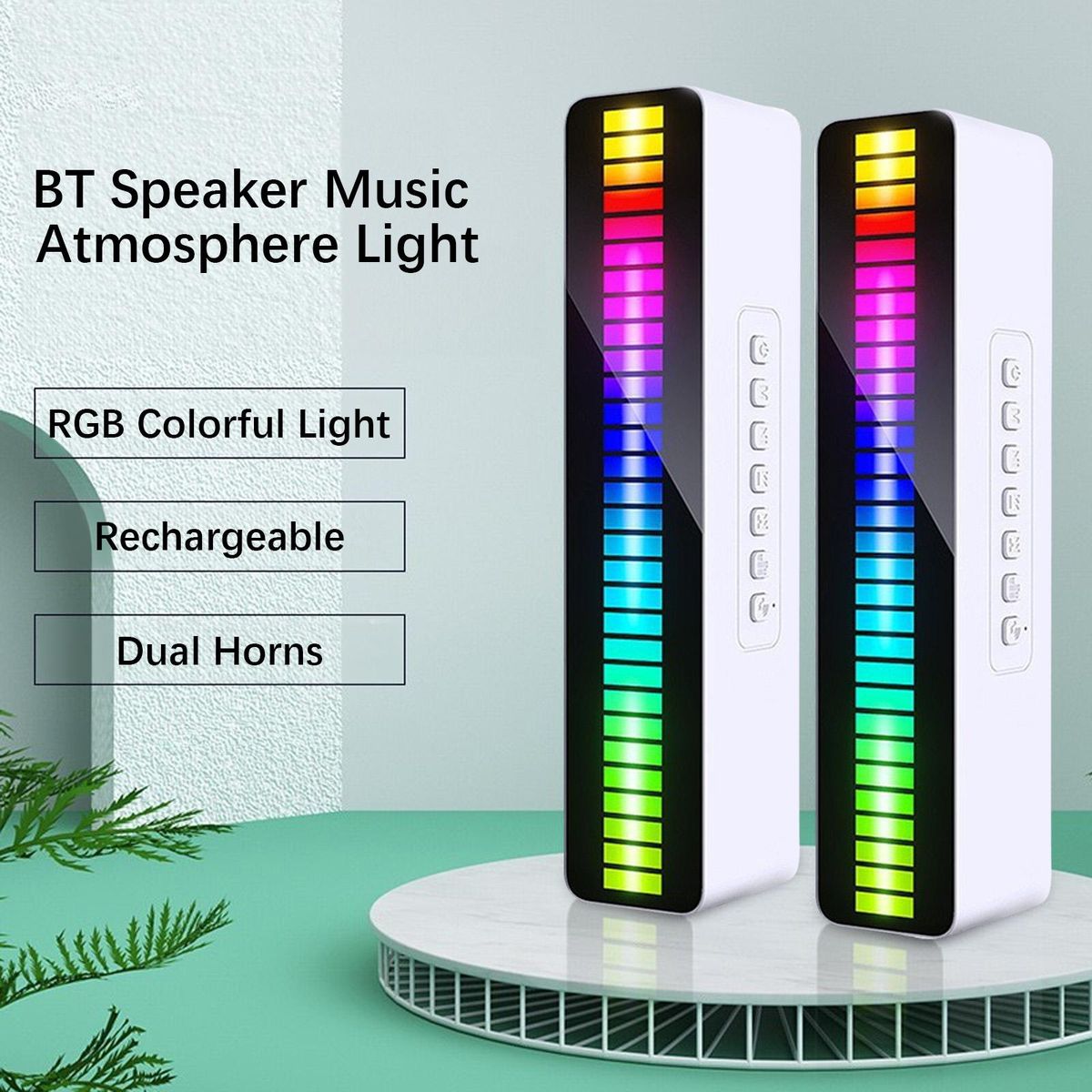 LED Beads Rhythm Light BT Speaker with Dual Horns Colorful Sound-sensitive Music Atmosphere Light Sound Box with FM Radio Voice-Activated Ambient Light RGB Colorful Tube Lamp Light Box Rechargeable Pickup Rhythmic Lamp Audio 