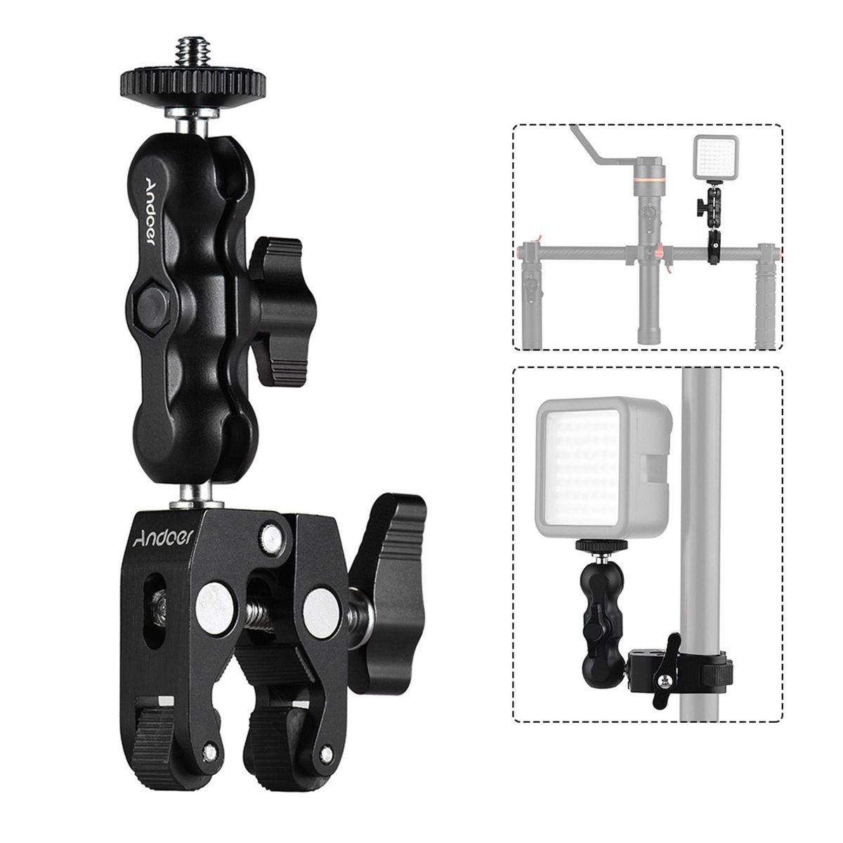 Andoer Multi-functional Clamp Ball Mount Clamp Articulating Friction Arm Super Clamp with 1/4 Inch Screw for GPS Monitor LED Video Light Flash Light Microphone