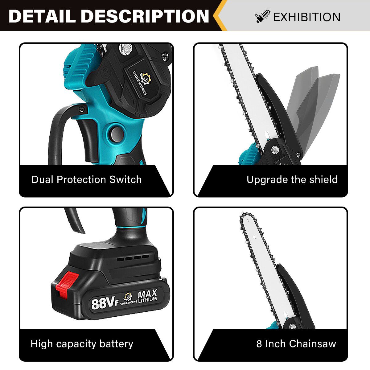 VIOLEWORKS 8 Inches 1200W Electric Cordless Chain Saw