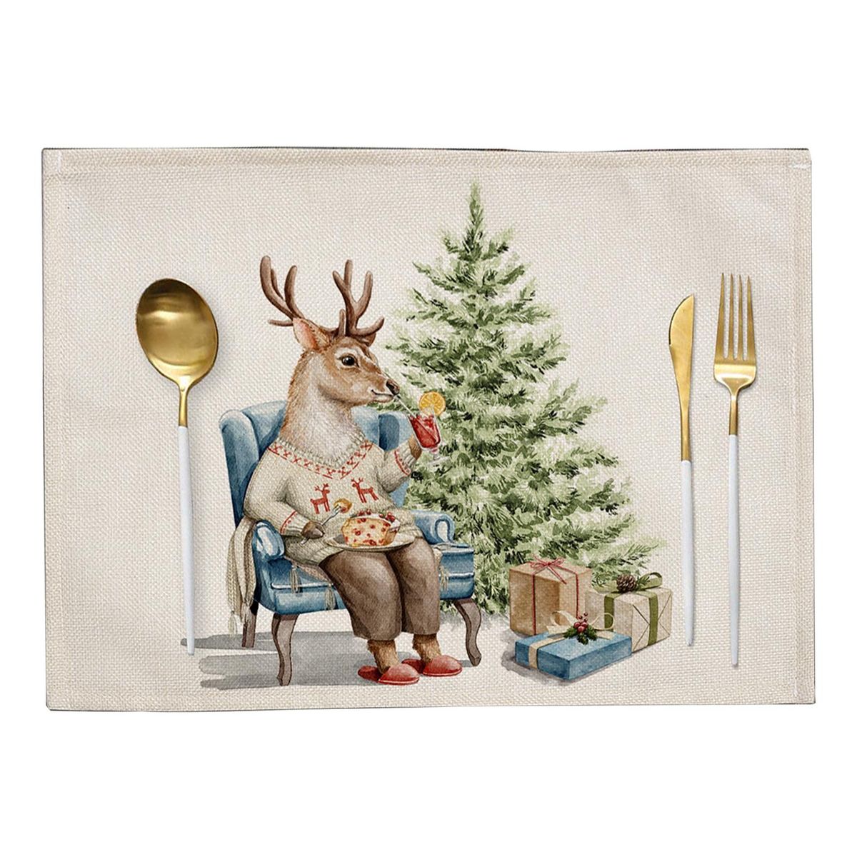 Linen Placemat Festive Linen Table Mat Set Stylish Print for Christmas
