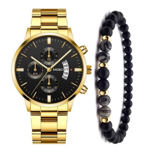 2 In 1 Men Unisex Wrist Watch With Bracelet-gold