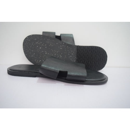 Men's Plain Leather Cover Pam Slippers- Black