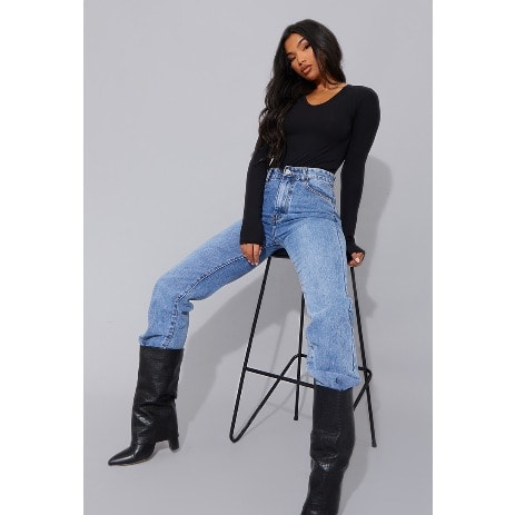 Long Sleeve V Neck Top - Black