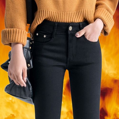 Women's Winter Warm Velvet Thickened Jeans Women High Waist Skinny Legging Pocket Fleece Lined Thermal Denim Pencil Pants Woman Gray