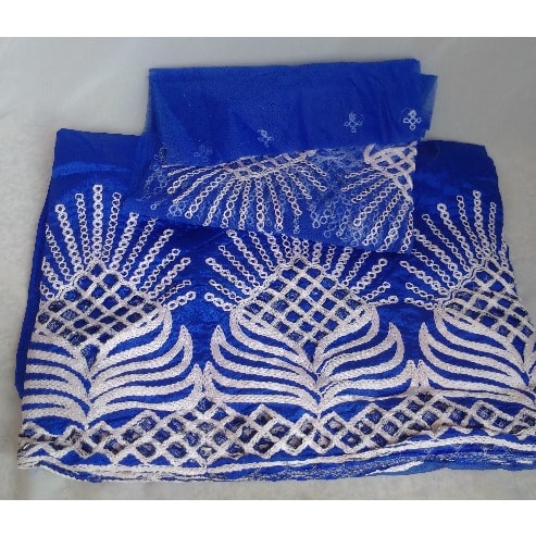 Blue Indian George With White Embroidery - 7 Yards