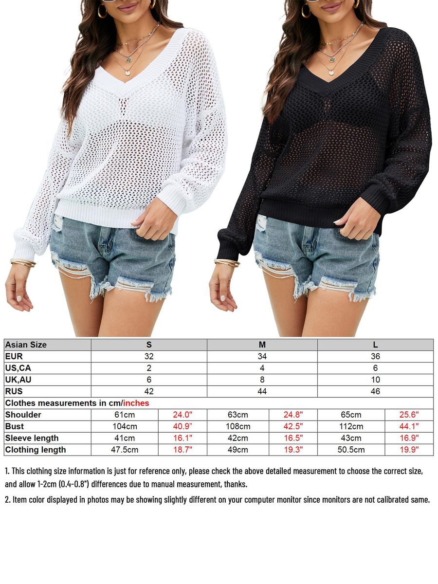 Women Loose Knitted Top Hollow Out Holes V Neck Long Sleeved Casual Tops