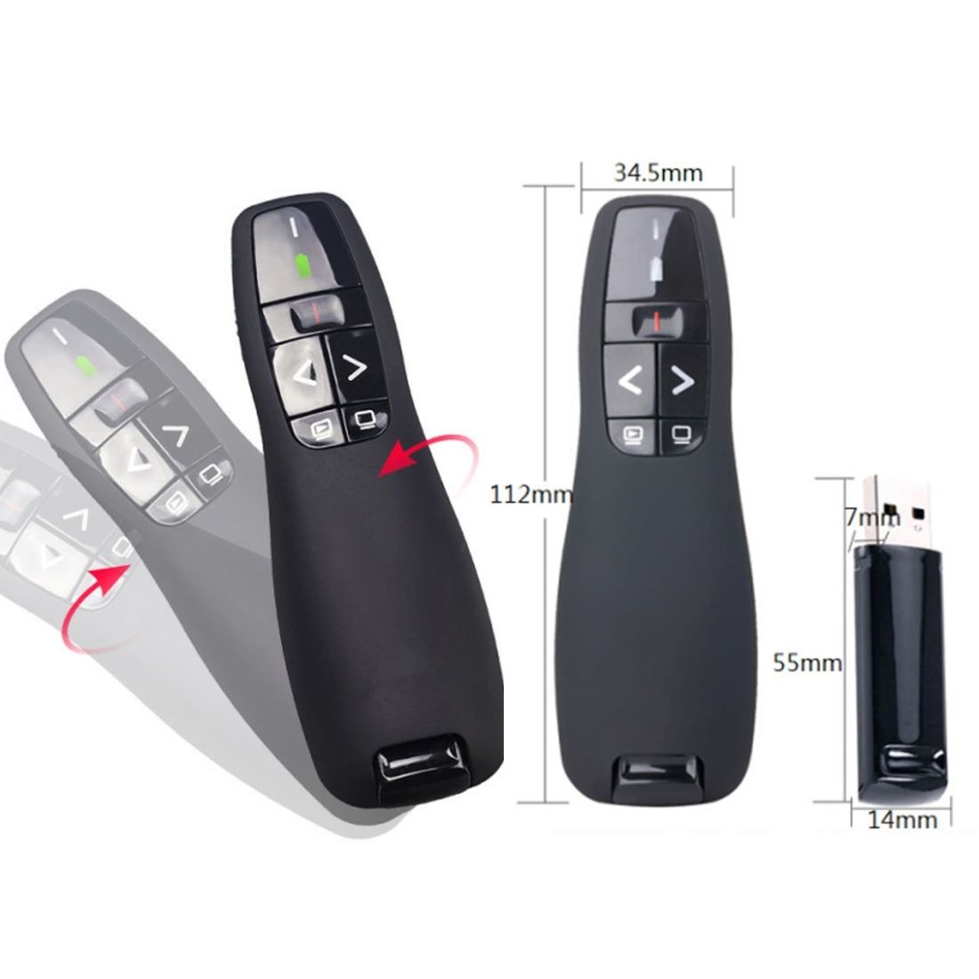 Multimedia Presenter With Laser Pointer & USB Receiver For Projector / PC / Laptop, Control Distance: 15m (R400)(Black)