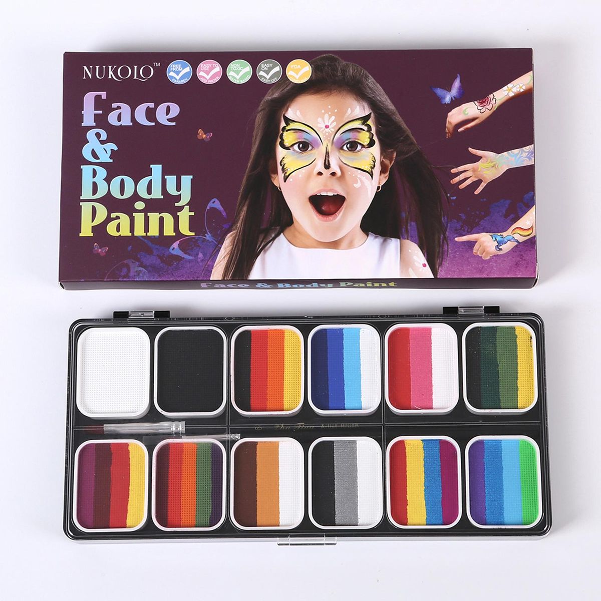 Face Paint Kit Water Activated Colors Set Professional Split Cakes Paint Palette Set with 3 Brush Safe & Non Toxic Face and Body Painting Makeup Hypoallergenic Facepaints for Halloween Cosplay Costume Party Festival Artists A