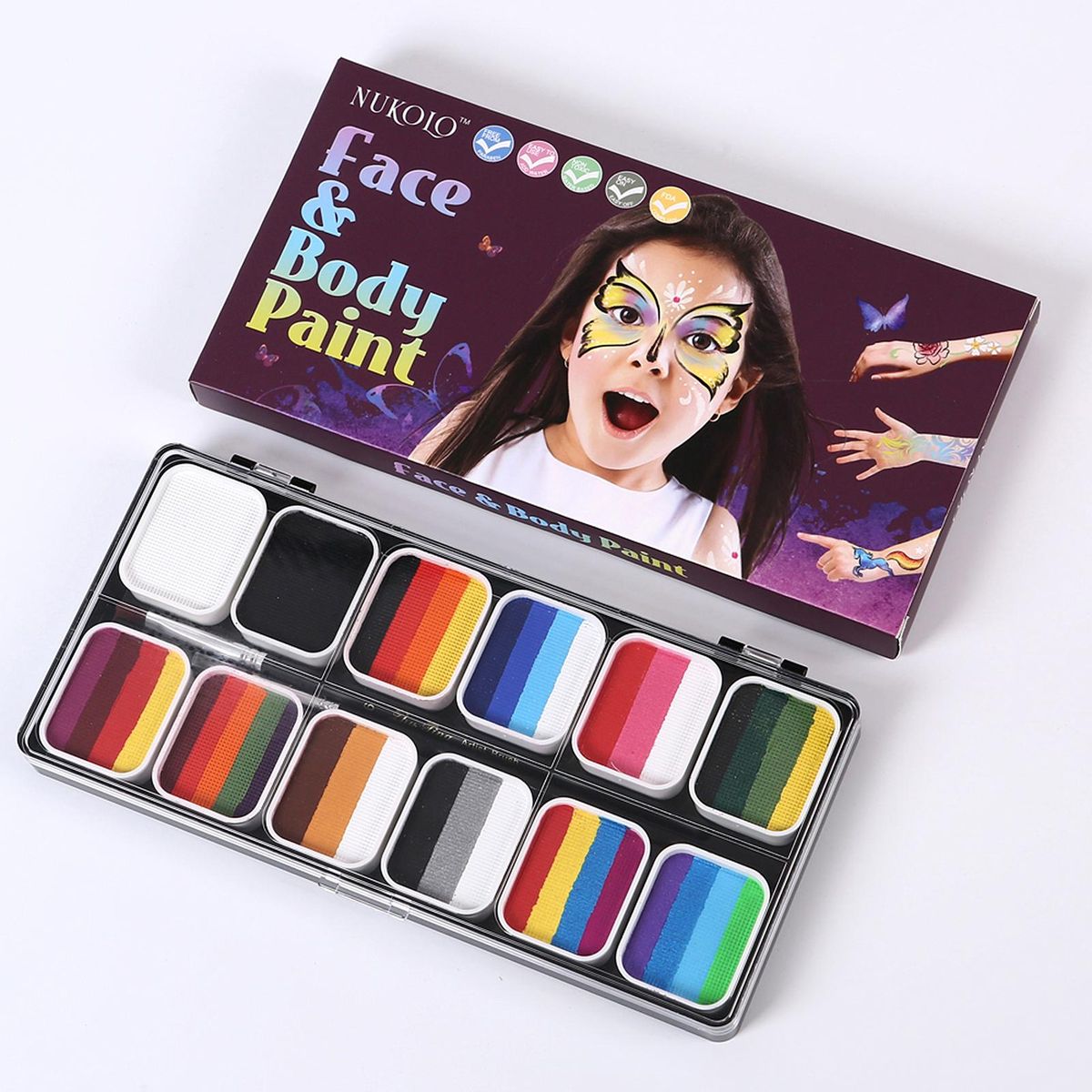Face Paint Kit Water Activated Colors Set Professional Split Cakes Paint Palette Set with 3 Brush Safe & Non Toxic Face and Body Painting Makeup Hypoallergenic Facepaints for Halloween Cosplay Costume Party Festival Artists A