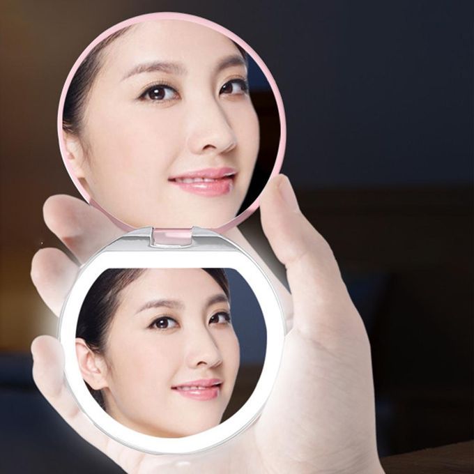 Compact LED  Mirror With Portable Magnifier 2-Sided Travel Green
