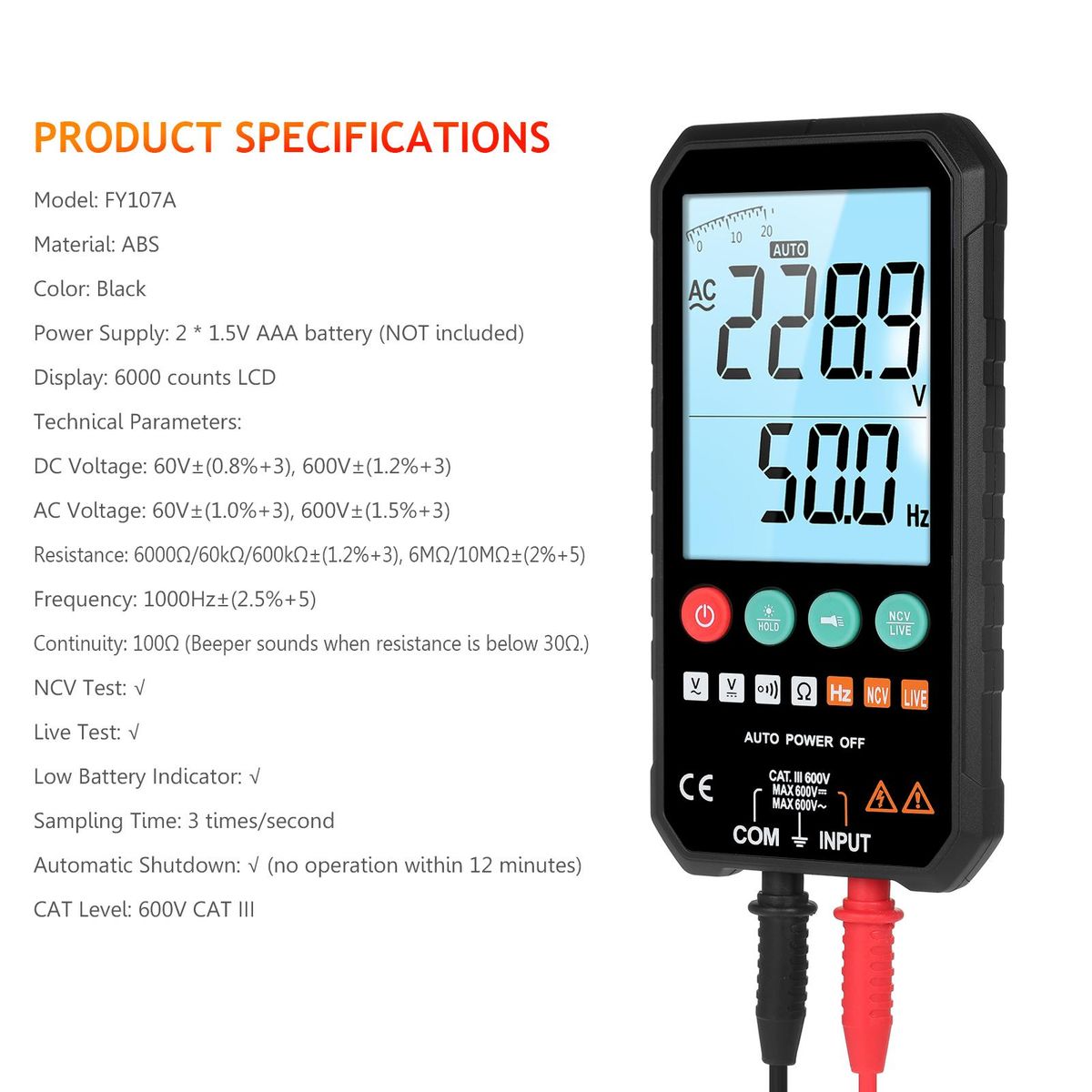 Mastfuyi Portable Digital Multimeter 6000-Count LCD Display with Backlight Flashlight Handheld Voltmeter Voltage Meter Universal Meter Measuring AC/DC Voltage Resistance Frequency Continuity NCV Test Meter