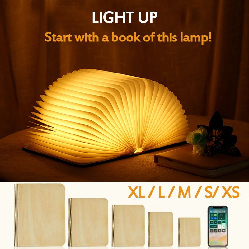 500LM 3000K Night Light Table Light White Maple Wood Grain Book Light Creative Flip Book Light USB Rechargeable XS