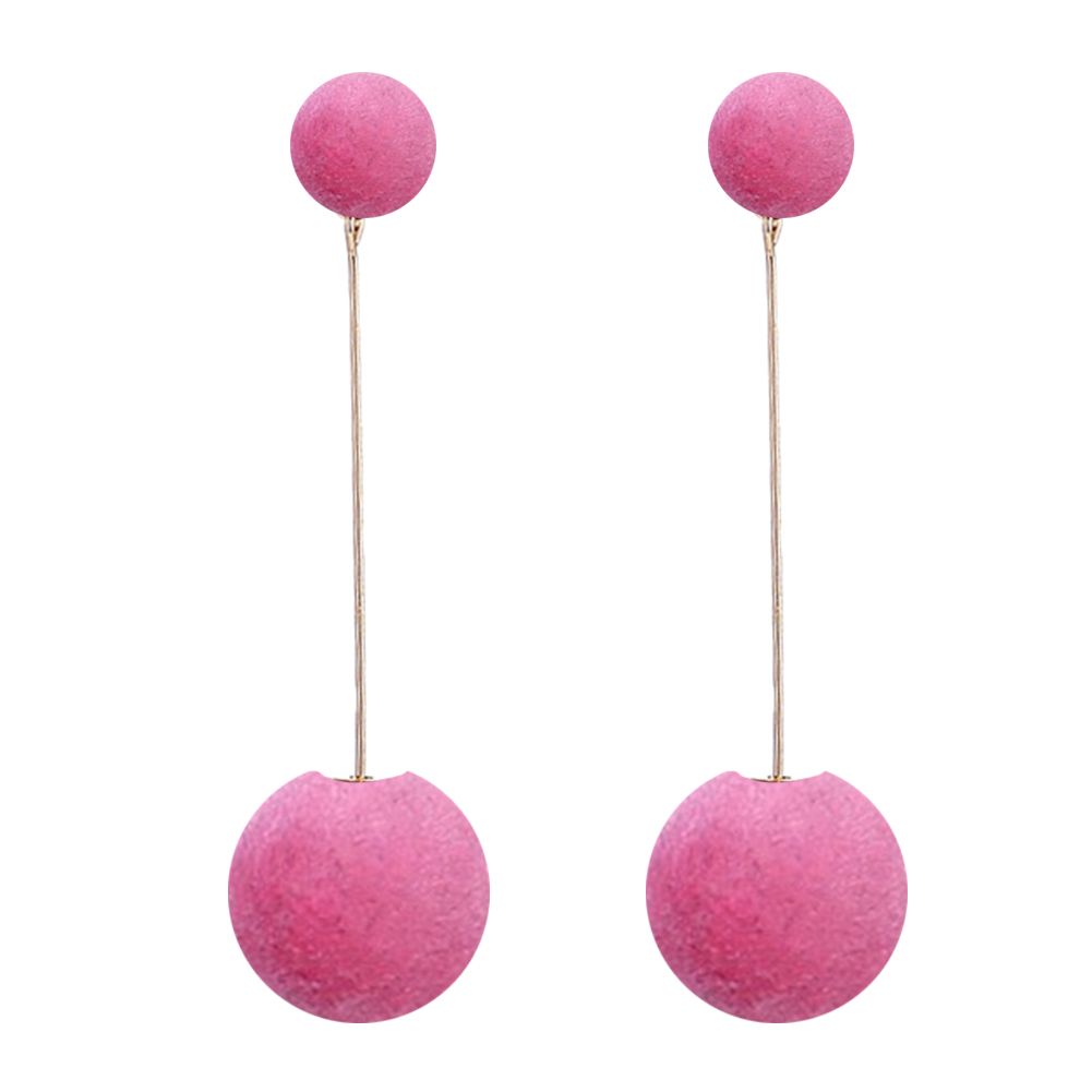 Women Double Faux Fur Ball Long Dangle Earrings-Pink
