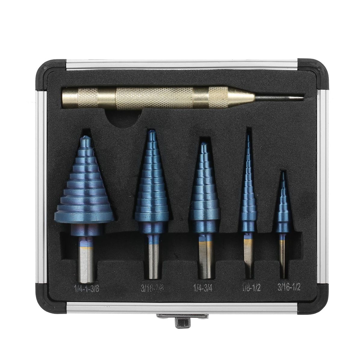 50 Sizes HSS Step Drill Bit Set with Automatic Center Punch and Aluminum Case Multiple Hole Titanium Straight Grooved Step Drill for Metal Wood Plastic Sheet (5pcs)