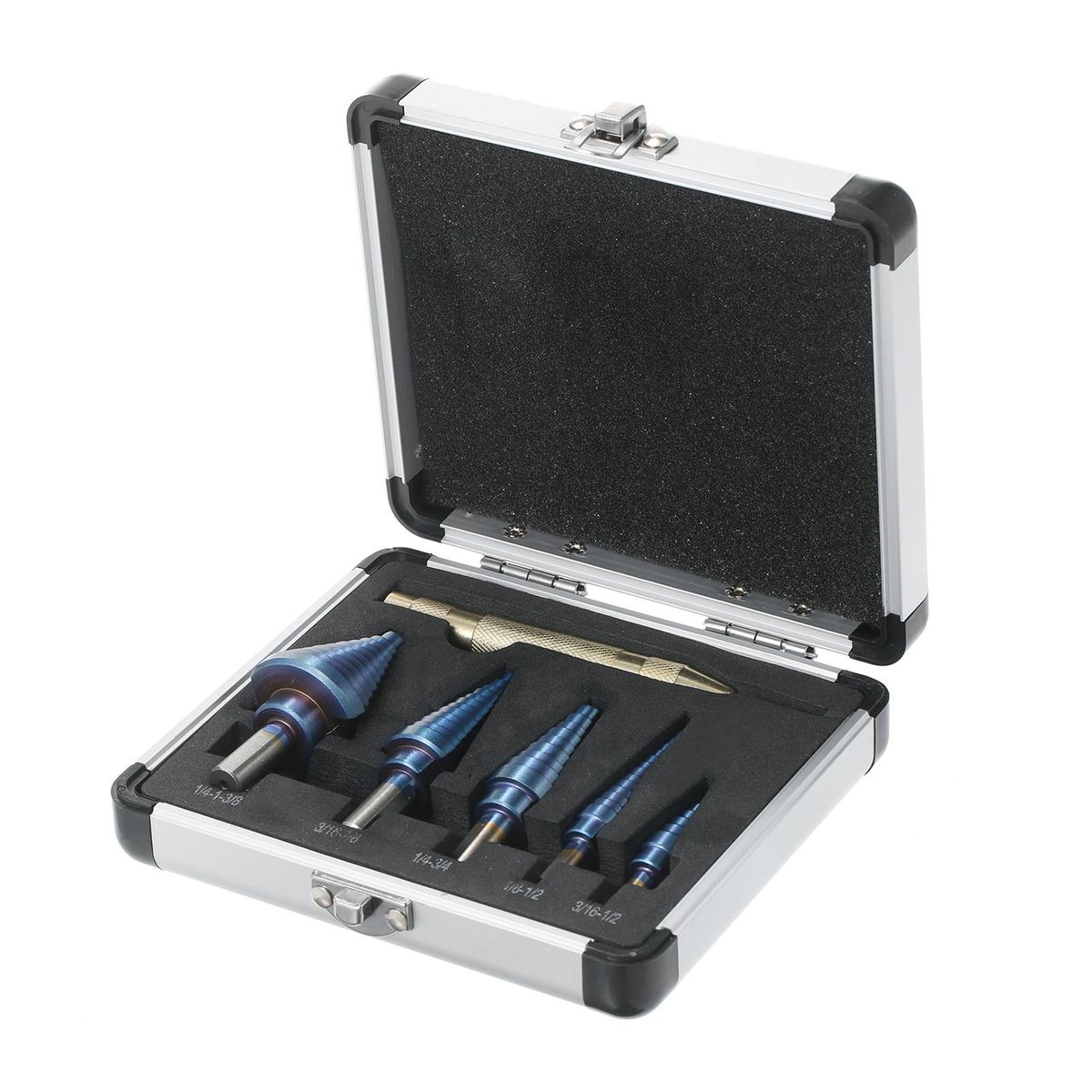 50 Sizes HSS Step Drill Bit Set with Automatic Center Punch and Aluminum Case Multiple Hole Titanium Straight Grooved Step Drill for Metal Wood Plastic Sheet (5pcs)