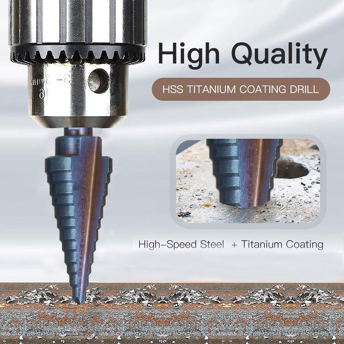 50 Sizes HSS Step Drill Bit Set with Automatic Center Punch and Aluminum Case Multiple Hole Titanium Straight Grooved Step Drill for Metal Wood Plastic Sheet (5pcs)