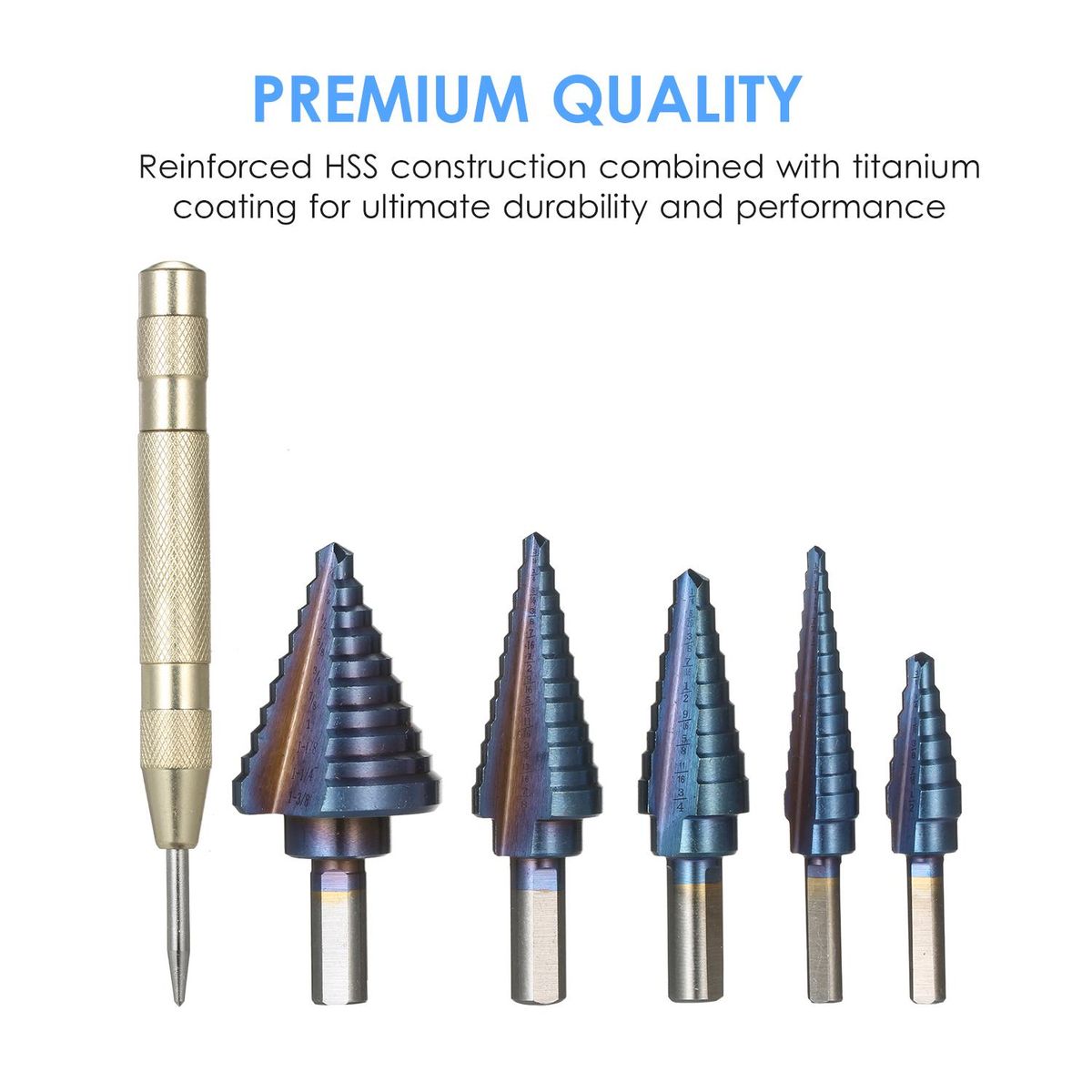50 Sizes HSS Step Drill Bit Set with Automatic Center Punch and Aluminum Case Multiple Hole Titanium Straight Grooved Step Drill for Metal Wood Plastic Sheet (5pcs)