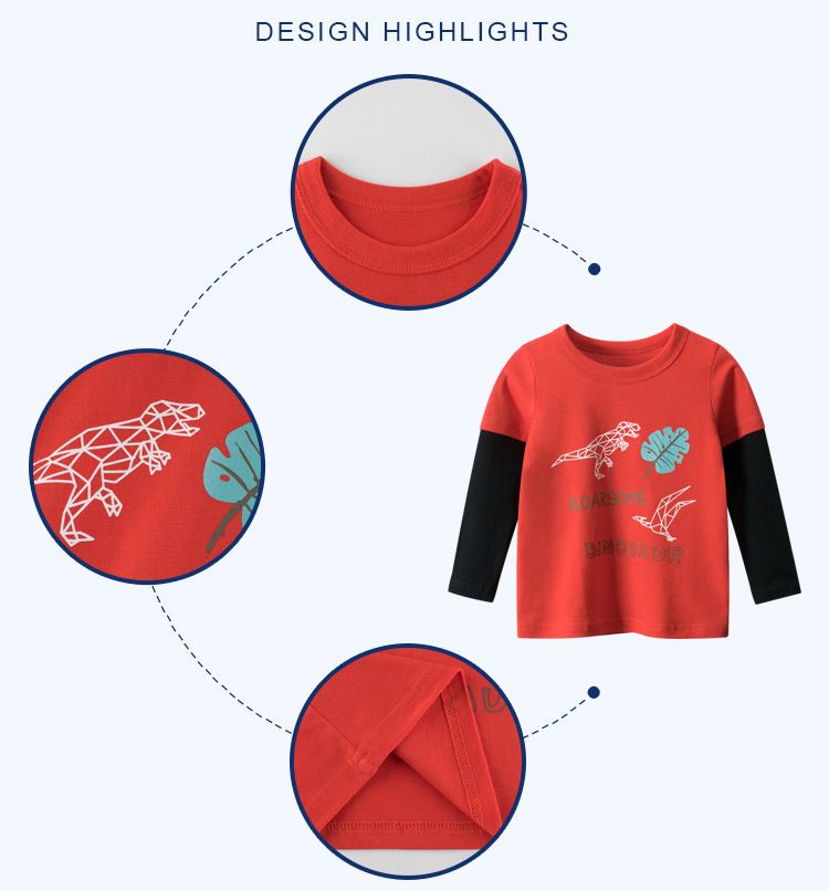 100% Cotton Kids Long Sleeve Round Neck Printed Boys T-Shirts-Red
