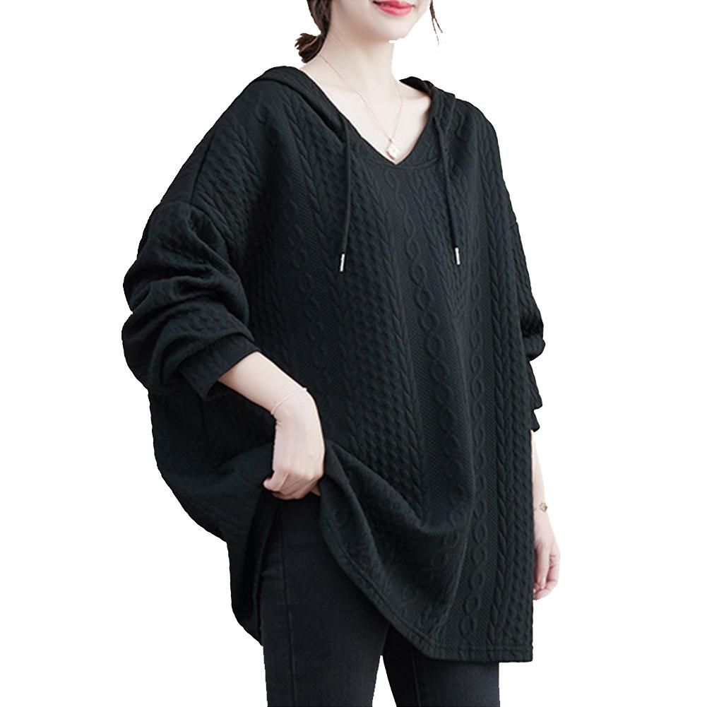 Autumn and Winter Casual Women Long Solid Plus-size Hooded Sweatshirt Raglan Sleeve Knit Sweater Loose V-Neck Full Sleeve Lightweight Pullover Tops Black One Size