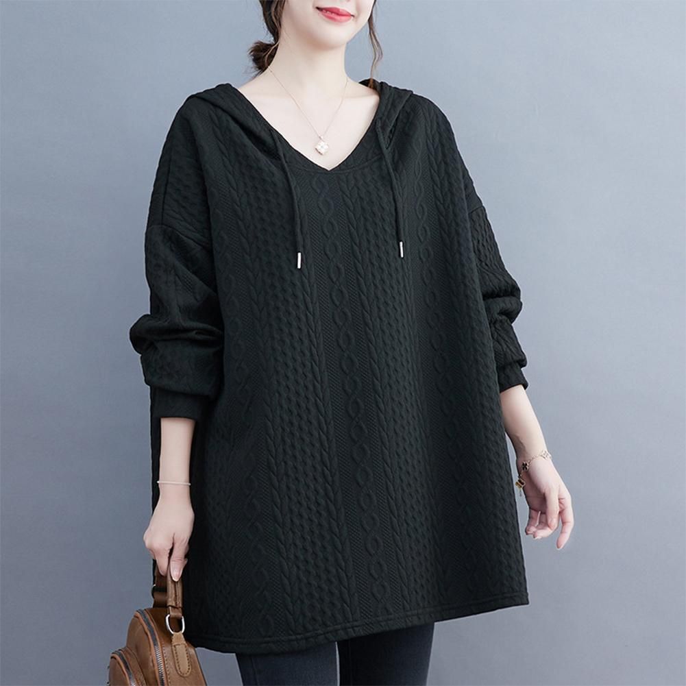 Autumn and Winter Casual Women Long Solid Plus-size Hooded Sweatshirt Raglan Sleeve Knit Sweater Loose V-Neck Full Sleeve Lightweight Pullover Tops Black One Size