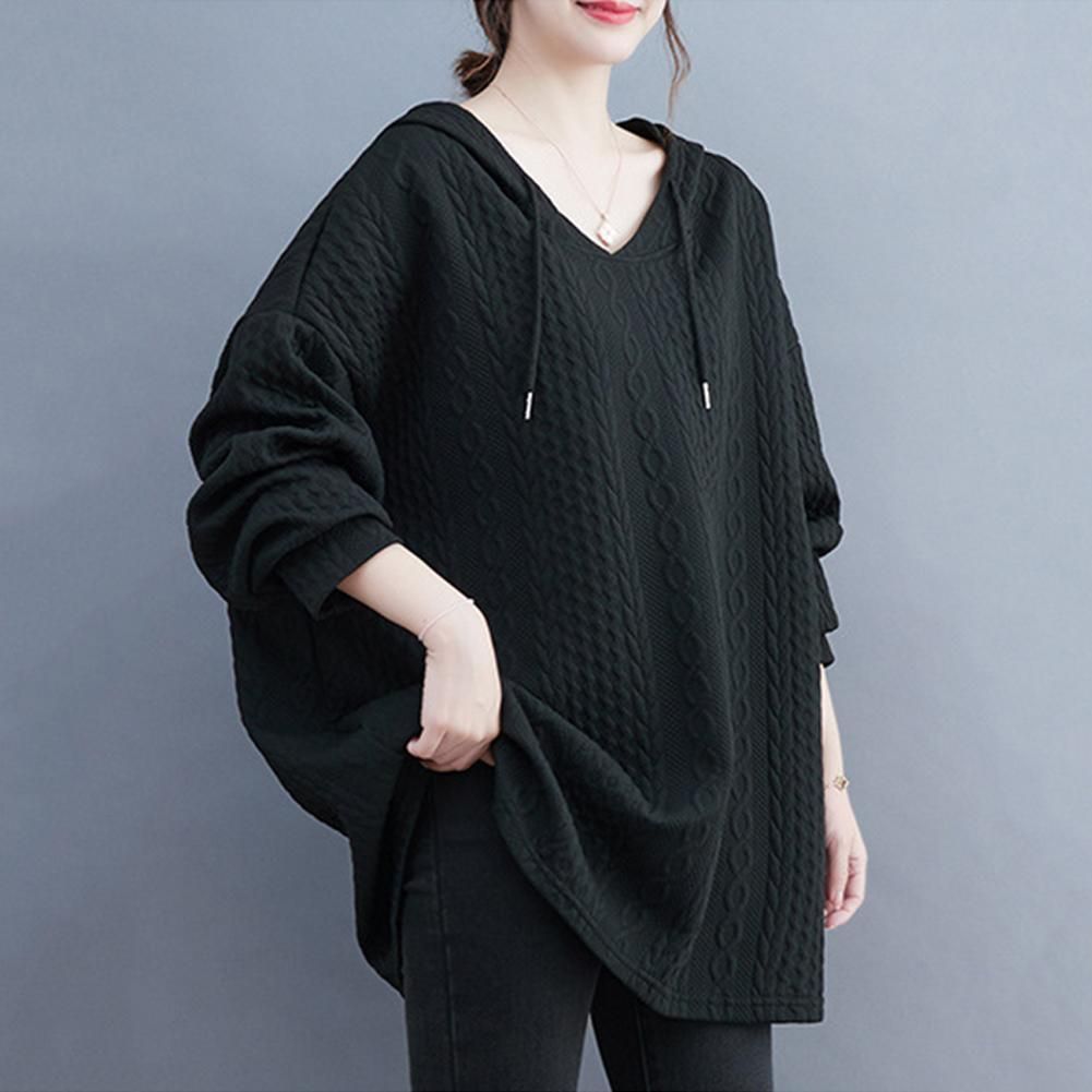 Autumn and Winter Casual Women Long Solid Plus-size Hooded Sweatshirt Raglan Sleeve Knit Sweater Loose V-Neck Full Sleeve Lightweight Pullover Tops Black One Size