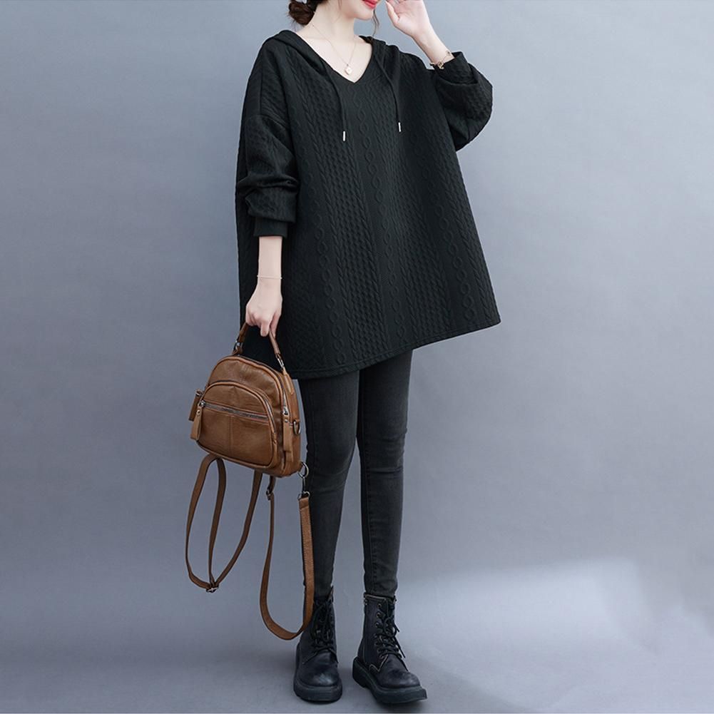 Autumn and Winter Casual Women Long Solid Plus-size Hooded Sweatshirt Raglan Sleeve Knit Sweater Loose V-Neck Full Sleeve Lightweight Pullover Tops Black One Size