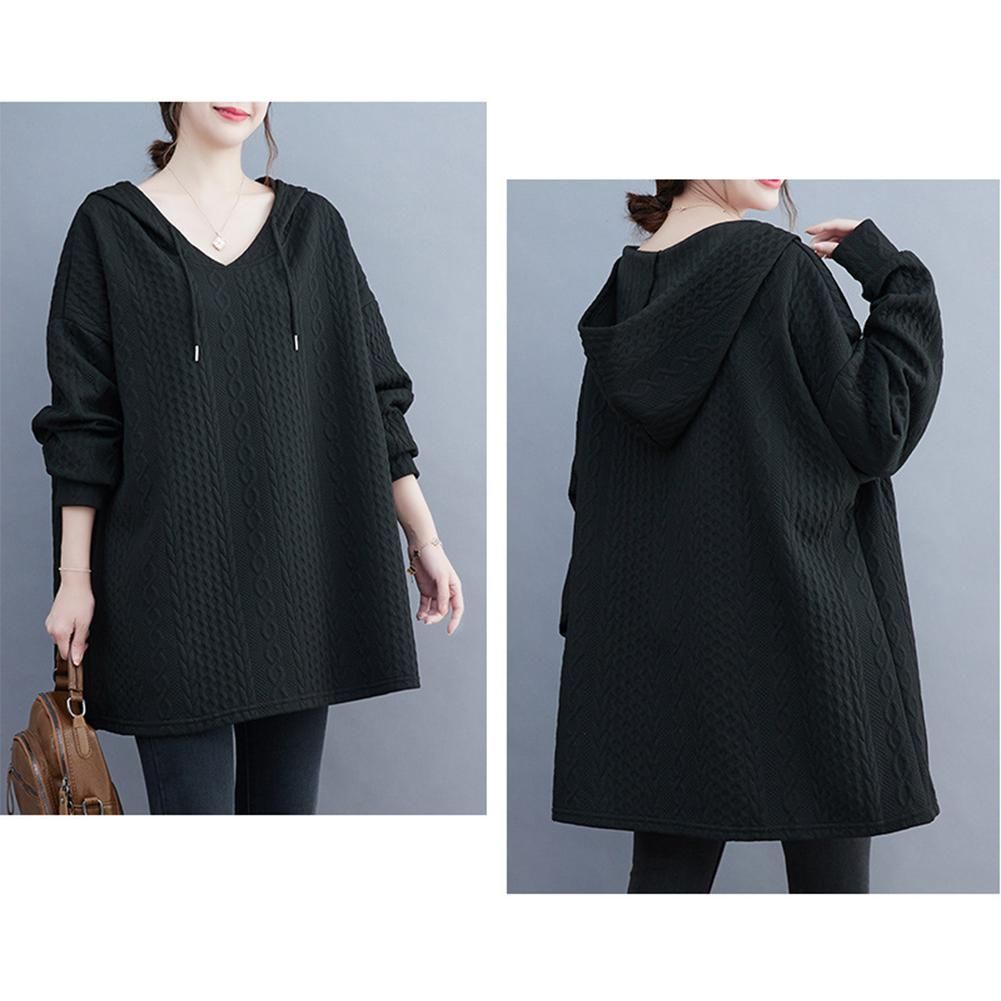 Autumn and Winter Casual Women Long Solid Plus-size Hooded Sweatshirt Raglan Sleeve Knit Sweater Loose V-Neck Full Sleeve Lightweight Pullover Tops Black One Size