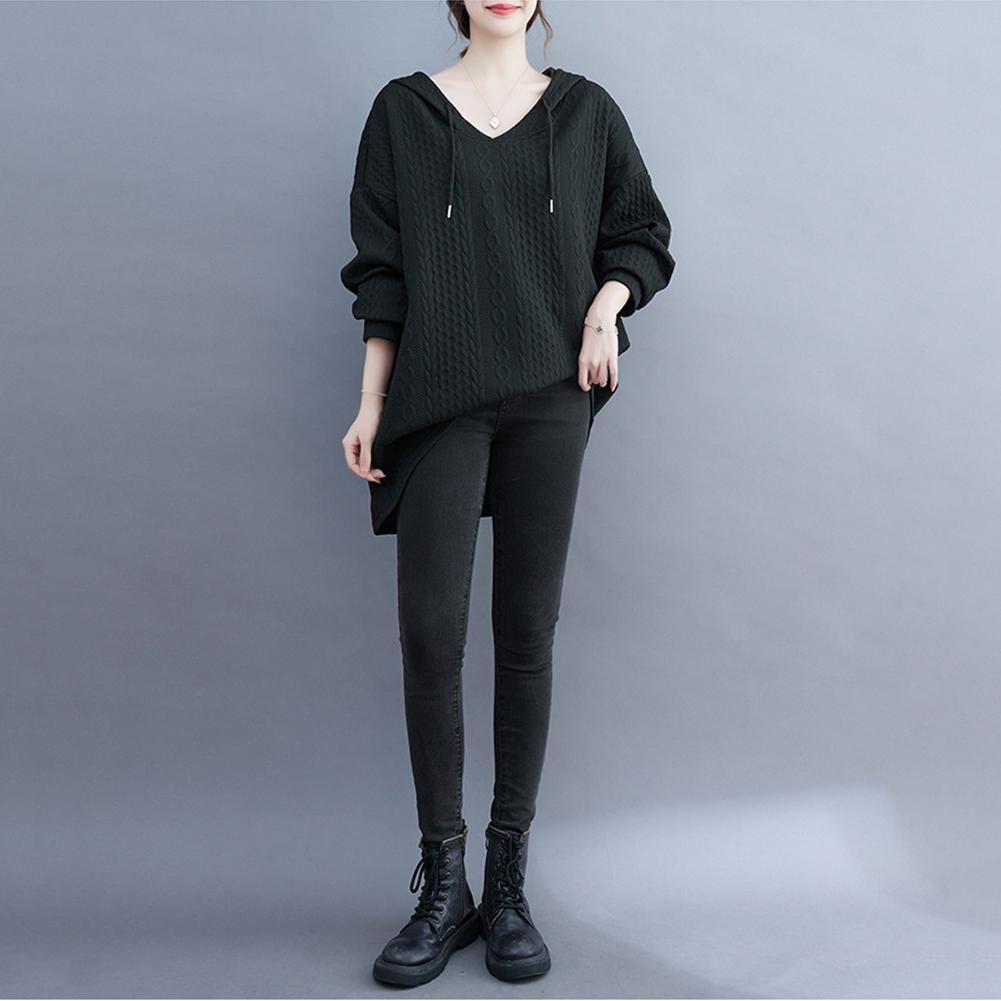 Autumn and Winter Casual Women Long Solid Plus-size Hooded Sweatshirt Raglan Sleeve Knit Sweater Loose V-Neck Full Sleeve Lightweight Pullover Tops Black One Size