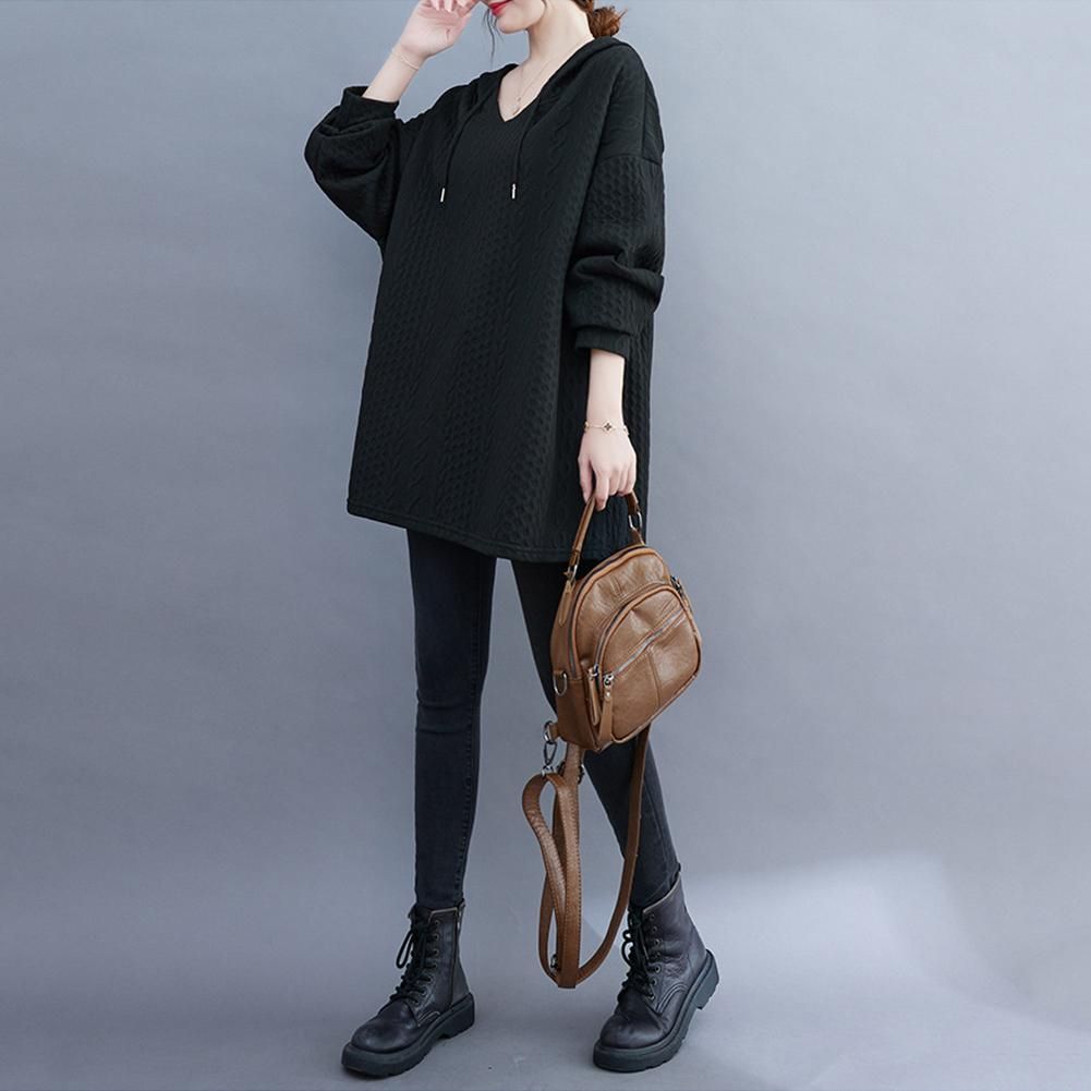 Autumn and Winter Casual Women Long Solid Plus-size Hooded Sweatshirt Raglan Sleeve Knit Sweater Loose V-Neck Full Sleeve Lightweight Pullover Tops Black One Size