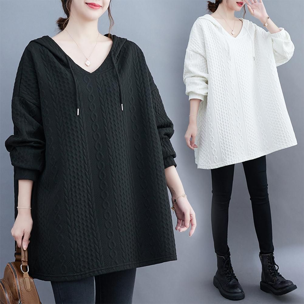 Autumn and Winter Casual Women Long Solid Plus-size Hooded Sweatshirt Raglan Sleeve Knit Sweater Loose V-Neck Full Sleeve Lightweight Pullover Tops Black One Size