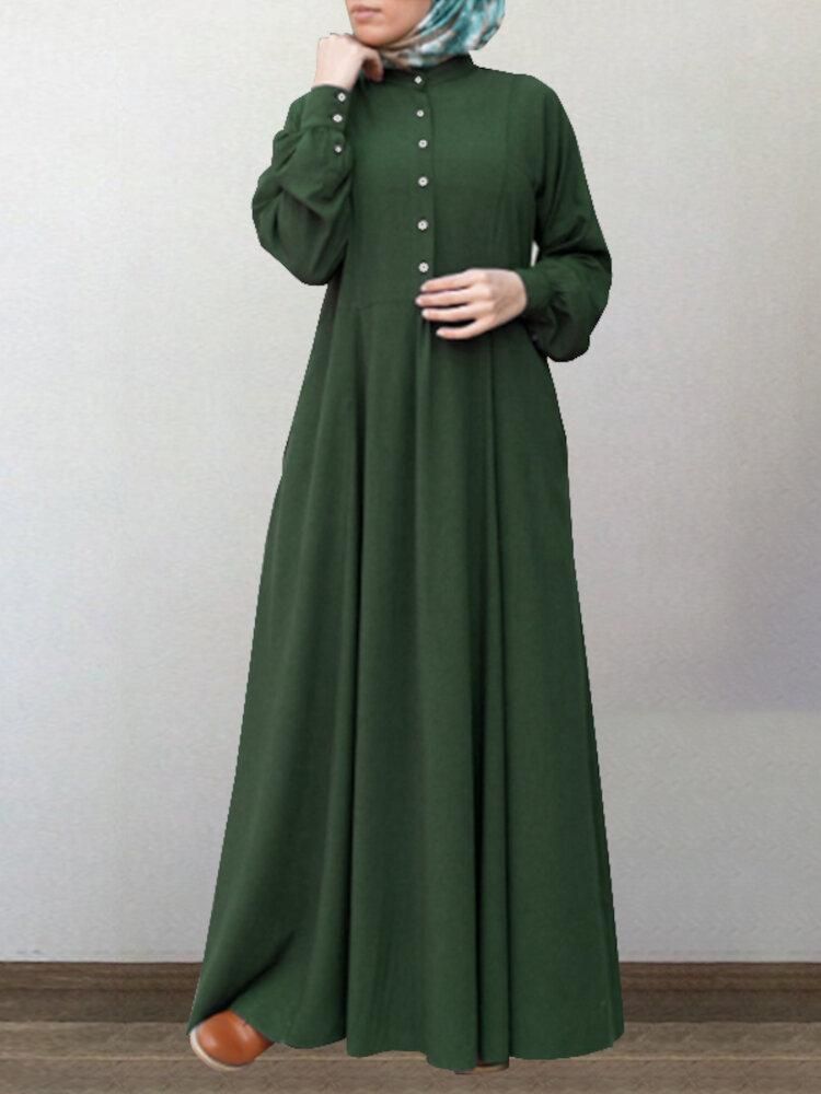 Women Cotton Solid Retro Mandarin Collar Puff Sleeve Button Up Long Sleeve Maxi Dress