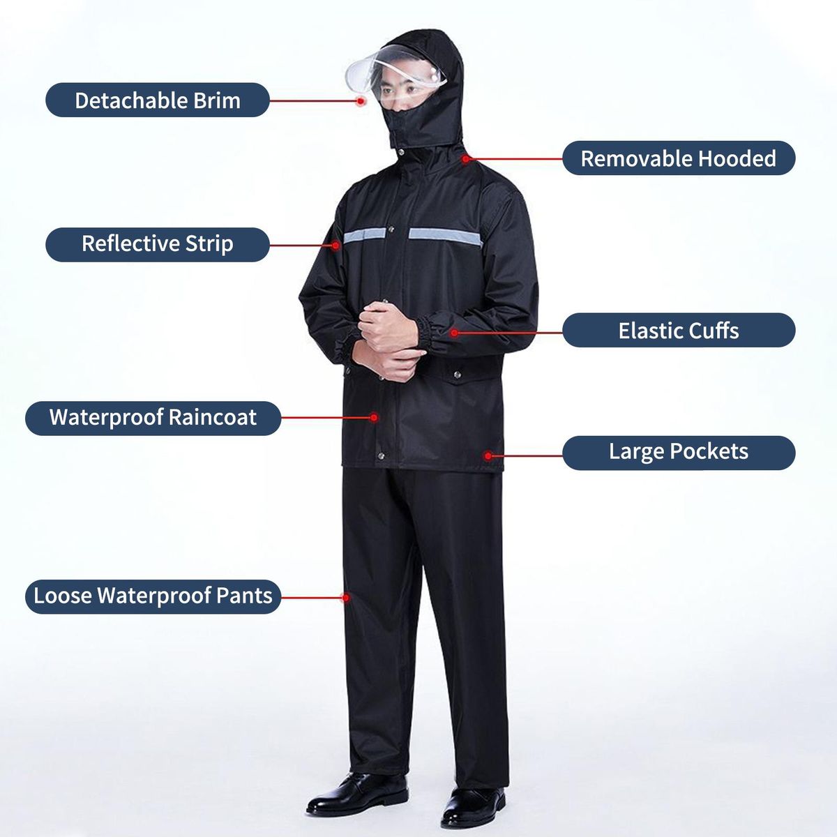 Mens Waterproof Rain Suit with Reflective Strip Waterproof Jacket Trouser Suit Raincoat Windproof Hooded Rainsuit for Fishing Campimg Outdoor Activity