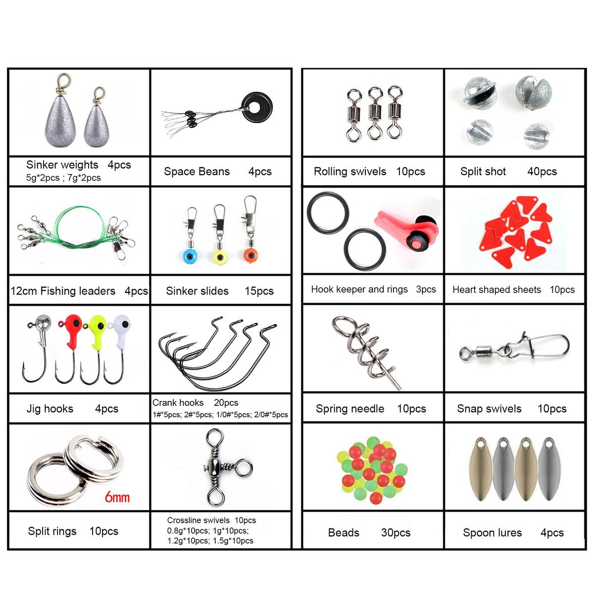 188pcs Fishing Accessories Kit with Tackle Box Jig Hooks Swivels Snaps Sinker Sliders Beads