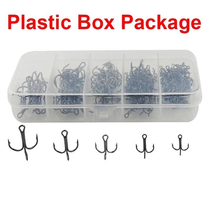 150pcs 35647 High Carbon Steel Treble Fishing Hooks Black Round Bent Triple Hard Artificial Lure Spoon Fishhooks Set With Box