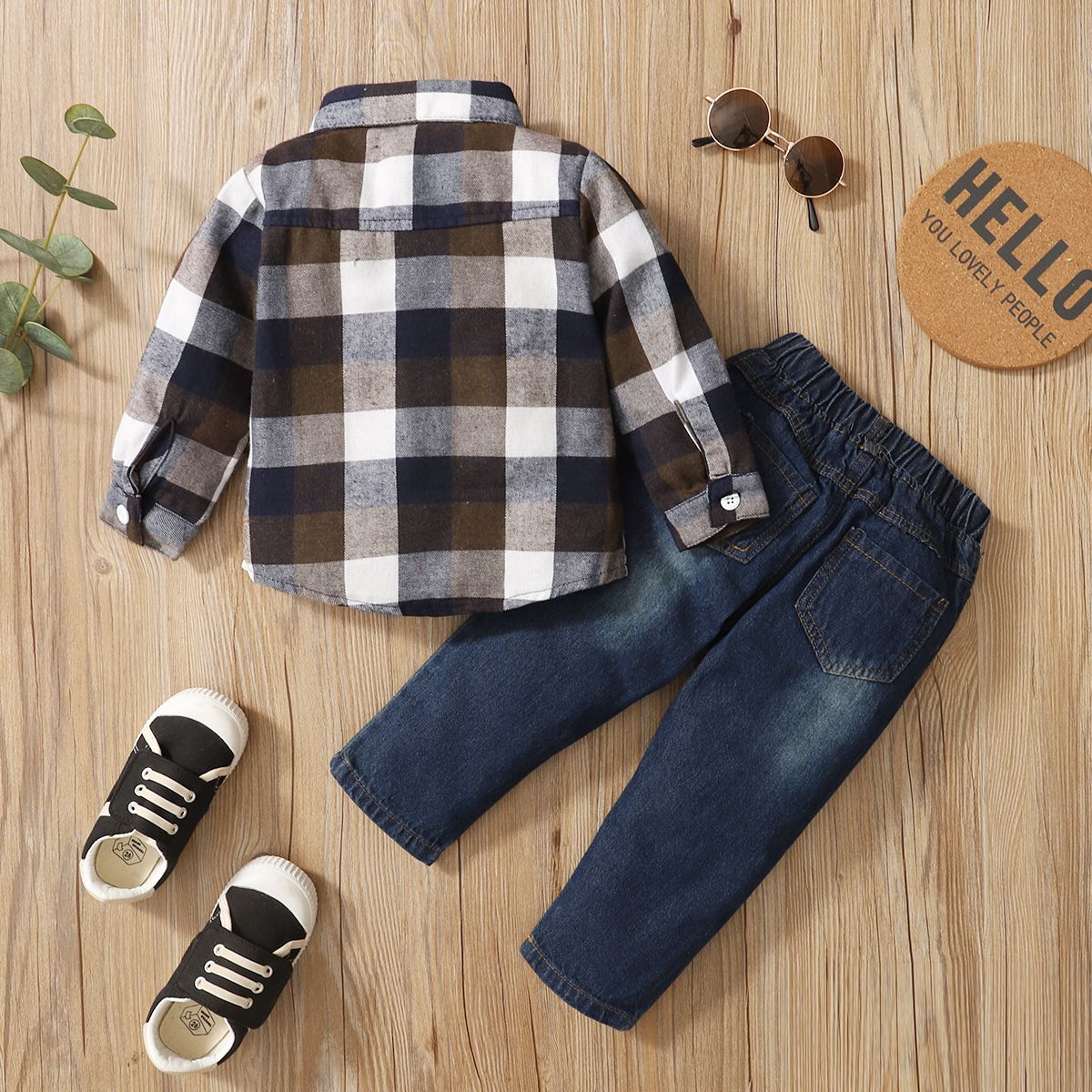 1-6Y Kid Boys Clothes Set Long Sleeves Classic Plaid Shirt Ripped Denim Pants
