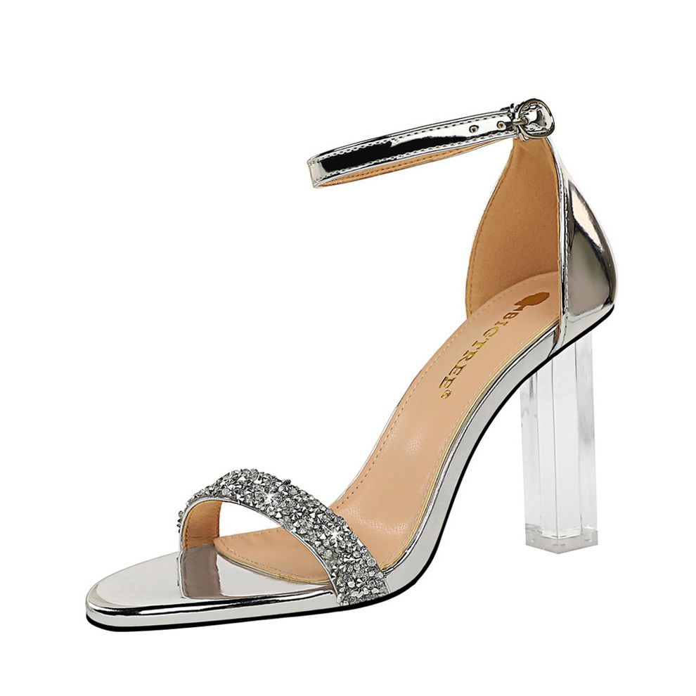 Ladies Heels Crystal Lucency Word Band Sandals Silver