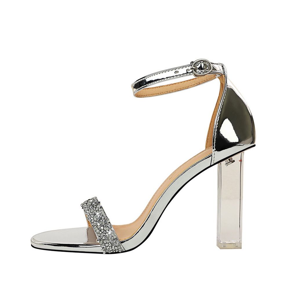 Ladies Heels Crystal Lucency Word Band Sandals Silver