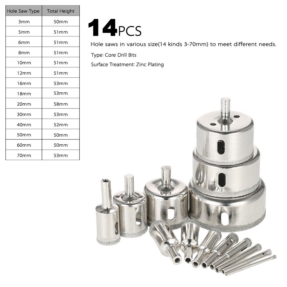 14PCS 3-70mm Glass Hole Saw Kit Diamond Coated Core Hole Saw
