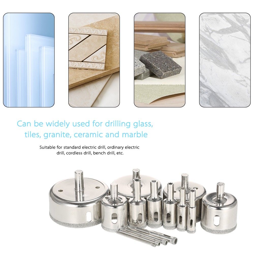 14PCS 3-70mm Glass Hole Saw Kit Diamond Coated Core Hole Saw