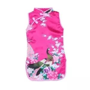 Toddler's Chinese Style Peacock Print Silk Dress - Pink