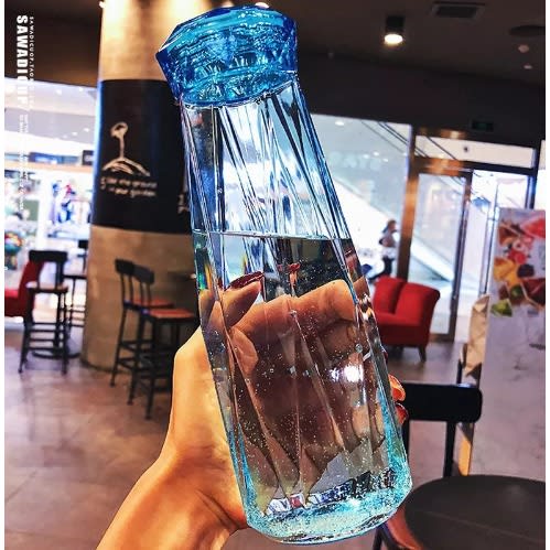 Portable Crystal Clear Glass Water Bottle- Blue - 400ml
