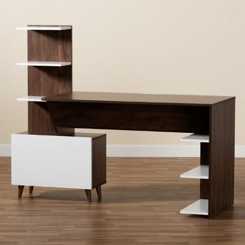 Modern 2-tone Storage Computer Desk with Shelves - White & Walnut Brown
