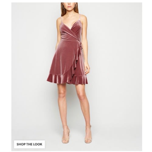 Velvet Frill Strappy Wrap Dress - Pale Pink